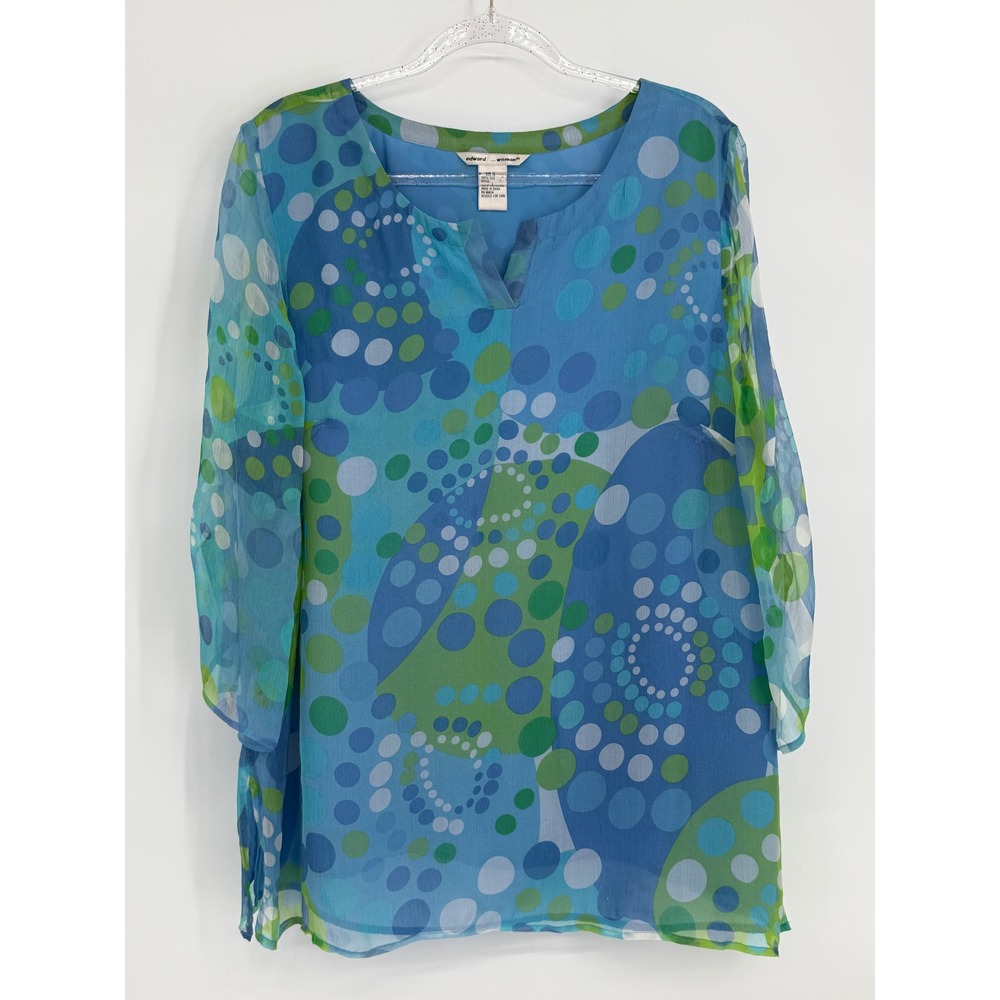 Edward Woman 100% Silk Blue Green Abstract Polka Dot Tunic Blouse Plus Sz 1X